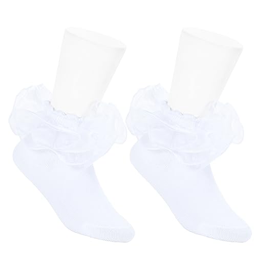 Yepami Calcetines para niñas pequeñas, lindos calcetines grandes de encaje de doble capa con volantes para niñas pequeñas, 2 pares, Blanco, 2-4 años