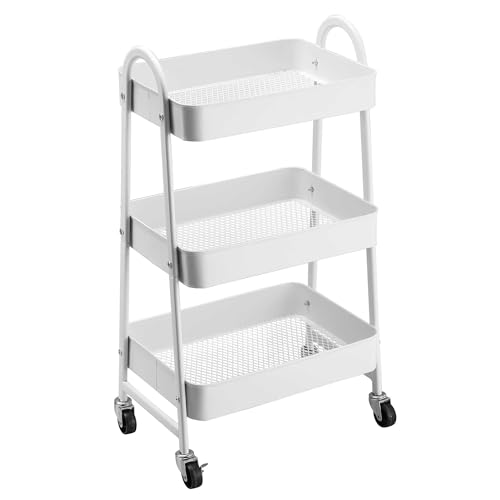 K AKTUAL Carrito Auxiliar con Ruedas, Carrito de Cocina con 3 Ganchos,Carro Organizador almacenaje, 44x32x80cm. Ideal para baño, Cocina, salón, Oficina y estetica. Color Blanco.