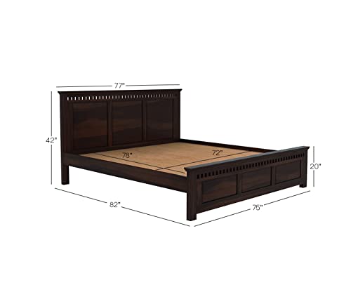 Image of Sheesham Wood King Size Bed Without Storage | Wooden Bed King Size Double Cot Palang Bed for Bedroom | Kuber Design Headboard Bed for Living Room | Walnut Finish