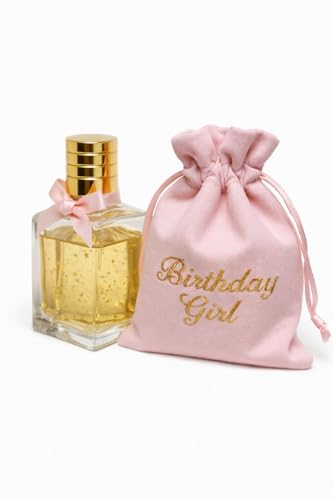Image of Birthday Girl Perfume with Pink Drawstring Pouch, Gold Cap Glass Bottle, Gift Set