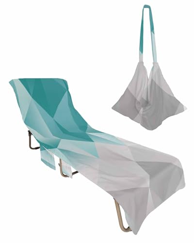 Geometric Turquoise Beach Chair Towel Covers for Chaise Lounge with Side Pocket, Soft Plush Pool Towels Cover for Patio Sunbathing Outdoor Pastel Contemporary Ombre Grey 29''x85''