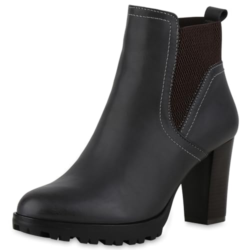 VAN HILL Gefütterte Chelsea Boots Damen Block Absatz Stiefeletten 610443...