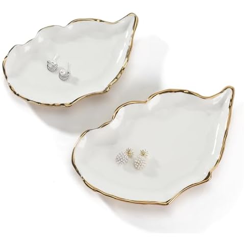 HOME SMILE Oyster Shell Ring Dish,Jewelry Dish Tray Set of 2 Large,Christmas Gifts for Women,Ceramic Gold Cover