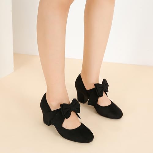 Womens Bowknot Heels Bow Mary Jane Shoes Closed Toe Chunky Low Block Heel Dress Pumps2