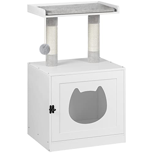 HOOBRO Cat Litter Box Enclosure, Cat Tower with Sisal Scratching Posts, Hidden Litter Tray Furniture with Cat Tree, Wooden Cat Toilet Washroom with Large Platform, Dangling Ball, White EWT11MW03