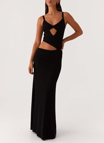 Image of Yiulangde Womens Elegant Spaghetti Strap Maxi Dress Backless Cut Out Bodycon Summer Cami Dress Sexy Formal Cocktail Dresses A-Black