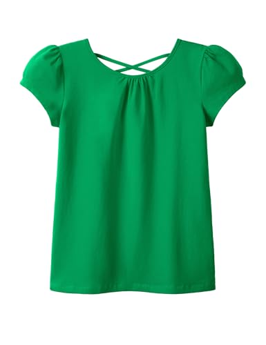KEREDA Girls Shirts Fashion Cross-Back T-Shirt Cute Puff Short Sleeve Crew Neck Summer Tees Tops Clothes for Kids 9-10 Years Green