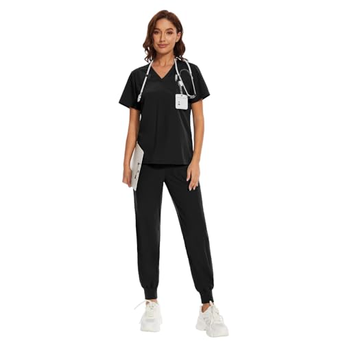 niaahinn Women's Breathable Cool Stretch Scrub Top and Yogger Waistband Pant with Multi-Pockets (Black,M)