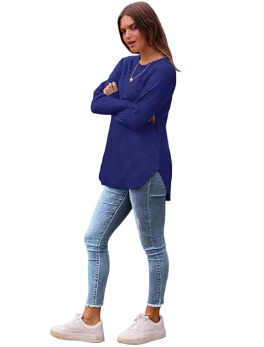 Image of Saloogoe Long Sleeve Shirts for Women 2025 Fall Clothes Tunic Tops Loose Fit Dressy Crewneck Pullover Sweaters Curved Hem