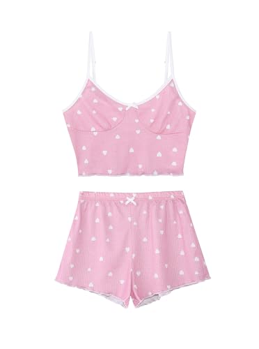 Image of Hilinker Womens Graphic Print Ribbed PJ Set Crop Cami Tops and Shorts Cute Pajamas Set