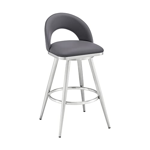 Armen Living Charlotte Swivel Bar Stool in Brushed Stainless Steel with Grey Faux Leather