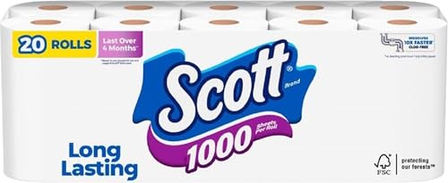 Image of Scott 1000 Toilet Paper, 20 Regular Rolls, Septic-Safe, 1-Ply Toilet Tissue