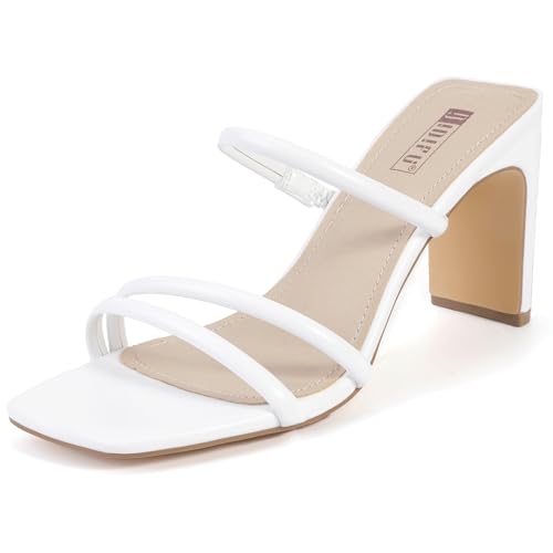 IDIFU IN3 High Heels Strappy Chunky Block Heels Square Toe Three Strap Slip On Heels Comfortable Slides Heeled Sandals Sexy Wedding Party Dress Shoes Open Toe Mules Heels for Women