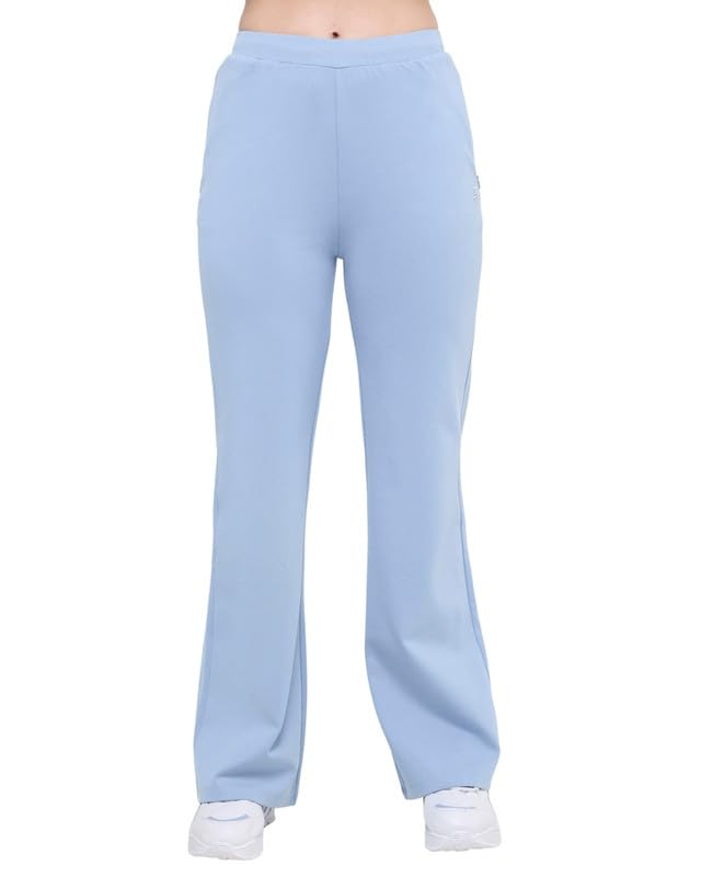 Image of HUNNIT Essential Flare Pants for Women with Zip Pockets | Mid Waist Solid Cotton Tapered Flare Pants | Bootcut Flared Trousers with Wide Elastic Waistband | Relaxed Fit Flared Trouser