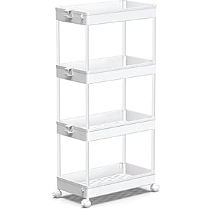SPACEKEEPER Storage Cart, 4-Tier Mobile Shelving Unit, Bathroom Rolling Cart Utility Storage Organizer Shelf for Kitchen Living Room Bathroom Laundry Room & Dressers, White