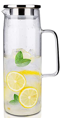 Sharemee Pitcher Jug Glass Flask Heat Resistant with Stainless Steel Lid (1L/35oz Water Carafe)
