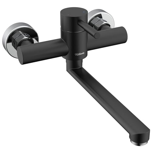 Kelleria Robinet Mural, Robinet de Cuisine en Acier Inoxydable, Mitigeur à une Poignée Pivotant à 360°, Mitigeur d'Évier, Eau Chaude et Froide, Noir