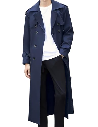 Pantete Mens Double Breasted Trench Coat Oversized Casual Windbreaker Lapel Long Jacket Overcoat