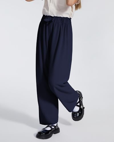 Image of Girls Wide Leg Palazzo Pant Loose Straight Cute Bow Waist Spring Summer Lightweight Dress Pant for Kids 5-14Y