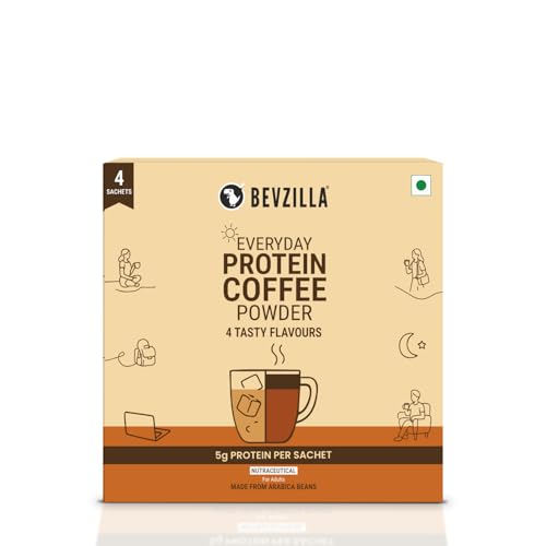 Image of Bevzilla Everyday Protein Instant Coffee Powder Sachets|40 GM(4x10g)| 5g Protein Each | Arabica Coffee | No Added Sugar | Hot & Cold Coffee Premix for Energy & Fitness