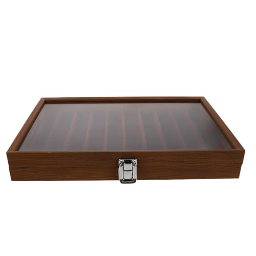 MALUGOGO Caja organizadora de joyas de madera con tapa de cristal, bandeja de almacenamiento para collares a prueba de polvo, 10 compartimentos, colgante con acabado de nogal y estuche de exhibición