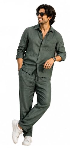 Image of Men's Premium Linen Co-Ord Set | Regular Fit Full Sleeve Solid Shirt with Drawstring Trouser | Breathable Linen Casual Outfit for Summer, Travel, Beach, Vacation & Daily