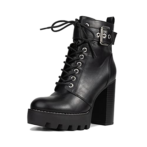REDTOP Women's Platform Ankle Boots Lace Up Zipper Buckle Boots Chunky High Heel Boots Fashion Round Toe Combat Boots Black Size 7