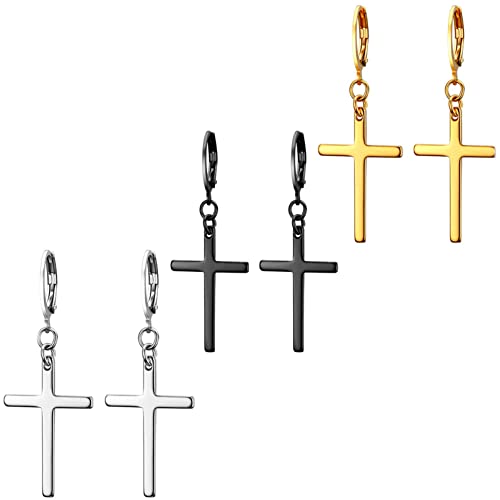 3 Pairs Cross Earrings for Men Women Dangle Drop Crucifix Hinged Hoop Jewelry Stainless Steel Hypoallergenic Black Gold Silver