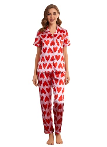 Image of Women's Lycra Heart Printed Night Suit Set of Shirt & Pajama Set Women Night Wear Set,Night Dress for Woman
