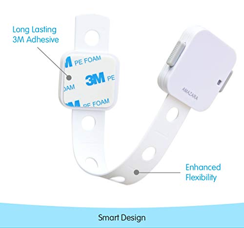 AMAZARA Child Safety Locks – Adjustable Baby Proofing Locks for Cabinets, Drawers, Fridge, Toilets | Strong 3M Adhesive | Easy No-Drill Install | Pack of 4 – White