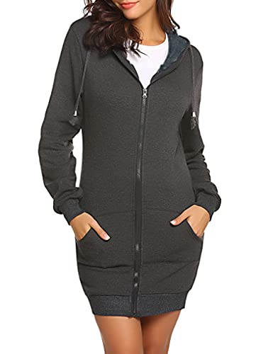 Womens Zipper Hoodie Long Length Fleece Lined Tunic Sweatshirt Jacket Plus Size Xxl Dark Gray #TOP2