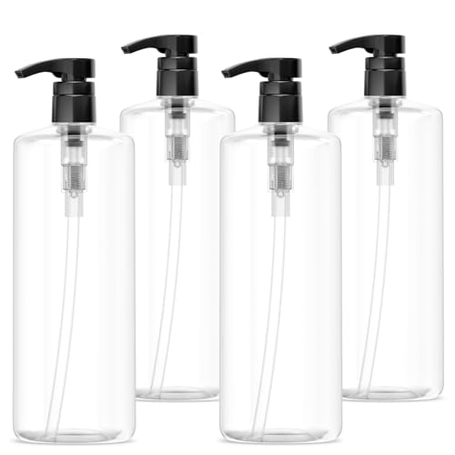 Bar5F Empty Shampoo Bottles with Pumps (32oz/1Liter/Large) BPA-Free PETE1 Plastic Bottle Crystal-Clear (Pack of 4)
