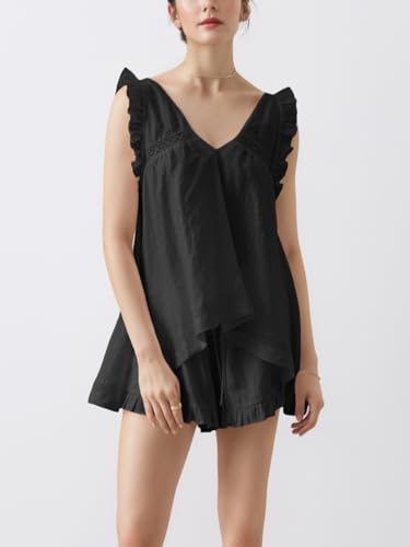 Image of Women's Summer Ruffle Short Sets Cotton Sleeveless Pajama Set | 2 Piece Outfits for Women, Lightweight Breathable Cotton, Relaxed Fit, for Bridesmaid, Party, Vacation and Daily Wear