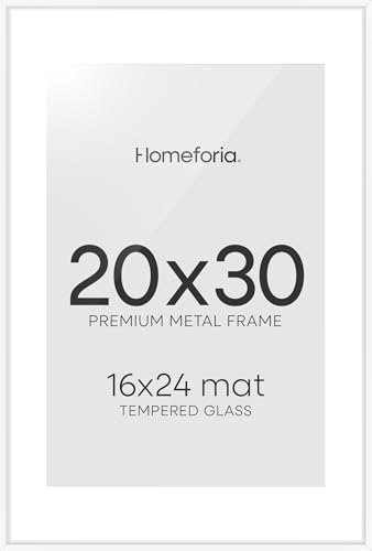 Image of Homeforia 20x30 Poster Frame White, High End Metal 20 x 30 Picture Frames with Mat 16 by 24 inch Photo, 30x20 Large Frame for Wall, 20x30 Thin Frame Matted to 16x24, Tempered Glass, Wall Kit, Set of 2