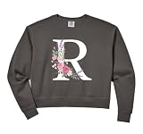 Womens monogram initial white letter R pink roses purple sprigs Comfort Colors Crop Sweatshirt