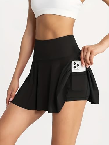Women's Athletic Skort - High Waisted Running Tennis Golf Skirt with Built-in Shorts & Pockets, Black, Medium