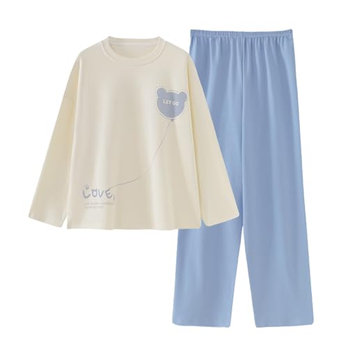 [Unifizz] レディース 春夏用 長袖 ルームウェア ブラパッド付き 可愛いデザイン シンプル おしゃれ パジャマ 大きいサイズ 外出対応 部屋着 カジュアル 中学生 女子 L 001_ブルー - Unifizz - 商品画像