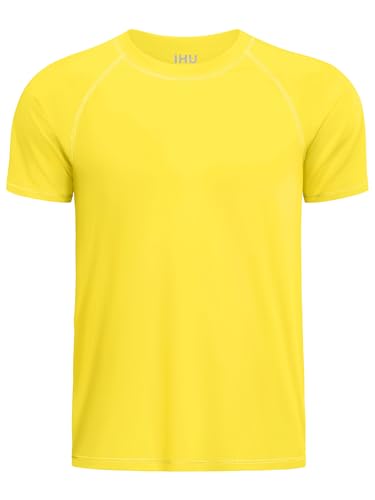 IHU Boys Neon Shirts Kids UPF 50+ Dry-Fit Athletic T-Shirts Short Sleeve Rash Guard Girls Swim Shirt Sports Undershirt Yellow 7-8 Years