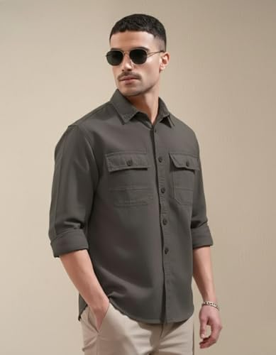 Image of SMOWKLY Men's Casual Shirt | Full Sleeve Button Down Shirt with Dual Chest Pockets | Stylish Regular Fit 100% Cotton Office, Party Shacket | Fashionable Western Outfit