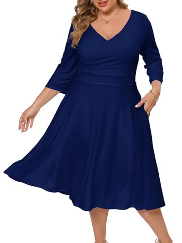 Image of Plus Size Dresses for Women A-Line V-Neck Swing Flowy 3 /4 Sleeve | 3 /4 sleeve,v neck,pockets,casual,cocktail,wedding,holiday,home,work,date party,vacation,outdoor