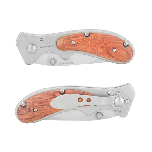 Sheffield 12705 Folding Pocket Knife, EDC Knife with Hardwood Handle, Ambidextrous Thumb Stud, Pocket Clip, Nylon Pouch, Dad Gifts, Men Gifts, EDC Gear