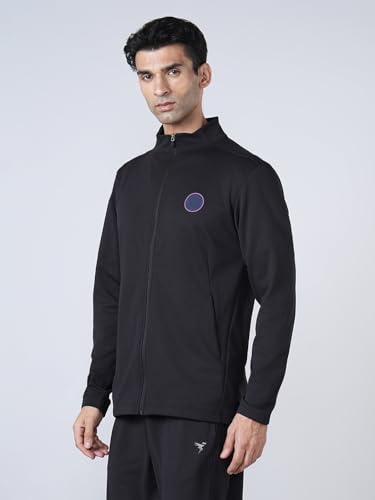 Image of TECHNOSPORT Men Solid Slim Fit Mock Neck Sports Jacket (Black) ELASTO PLUS 4-Way Stretch UPF50+ Polyester Full Zip Long Sleeve Jacket for Men Gym Running Workout Casual Athleisure