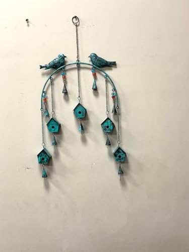 Image of DULI Metal Windchime Wall Hanging, Feng Shui, Wall Art, Wall Decor, PositiveVibes, Rustic Wall Hangings, Wall Art, Diwali Decor, Home Decor, Positive Vibes (MetalBirdhouse-Rustic Green)