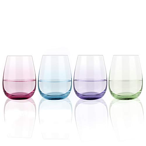 Set of 4 Colorful Stemless Wine Glasses, Colored Wine Glass 15Oz for Red and White Wine Cocktail Water Coffee Tea - Great Gift for Birthday Wedding Engagement Christmas (Blue, Purple, Green, Rose Red)