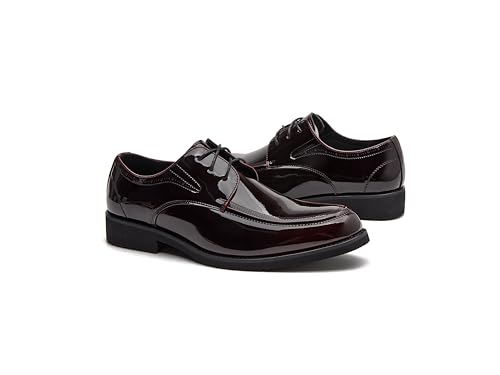 Men's Patent Leather Oxford Dress Shoes, Classic Lace-up Derby, Wine Red,Blackish Green