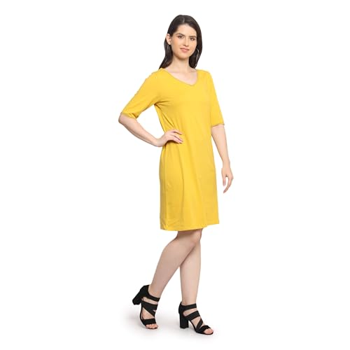 Image of Frenchtrendz Women's Cotton and Back Lace Designer V-Neck A-Line Knee Length Dress