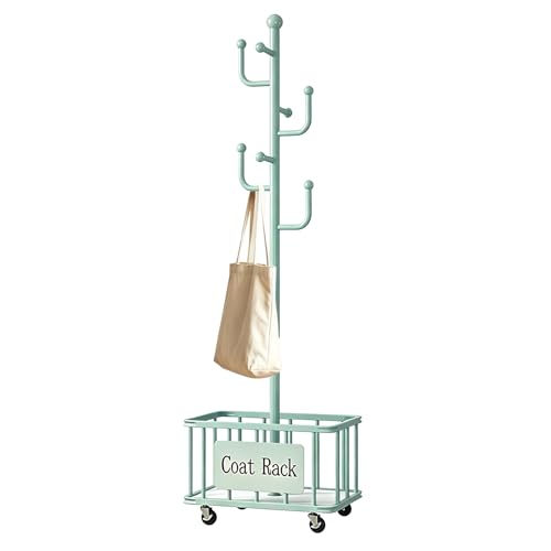 ZENSTYW Perchero De Pie Con Ruedas Y Cesta, Perchero Metálico Con Ganchos Para Ropa,Bolsos Y Sombreros,Ideal Para Entrada,Salón Y Oficina(Green)