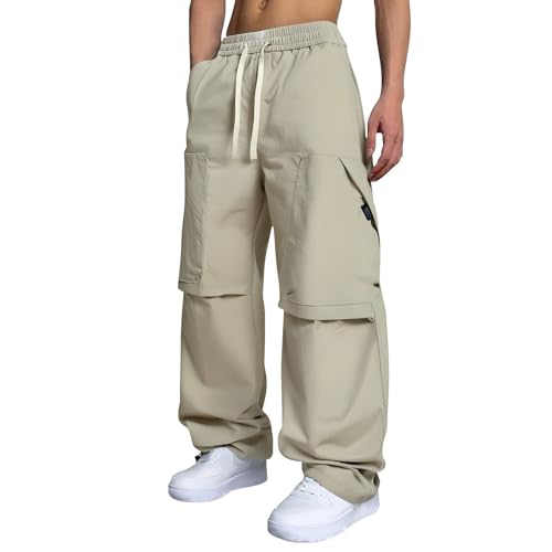 Generisch Pantalones cargo holgados para hombre: pantalones de senderismo con muchos bolsillos, pantalones de chándal con cordón, pantalones largos, pantalones de escalada ligeros, pantalones de