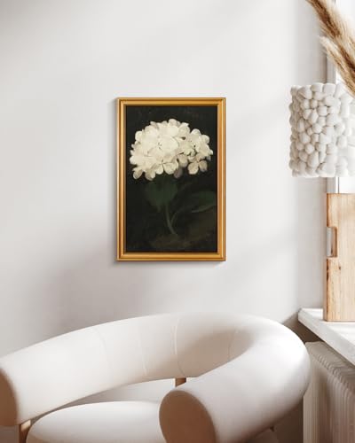 Image of HUARCEY Gold Framed Vintage Wall Art for Living Room, Flowers Painting Canvas Prints Shelf Decor for Kitchen, Aesthetic Bedroom Wall Art, Christmas Gifts for Friends Family (White Hydrangea 16 inchx24 inch)