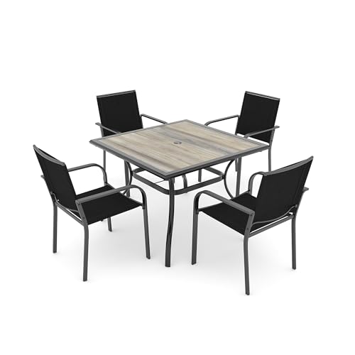 Image of Anmutig 5-Piece Outdoor Patio Dining Set 37 Inch Square Wooden-Like PVC Table with 4 Stackable Chairs for Garden Backyard Black